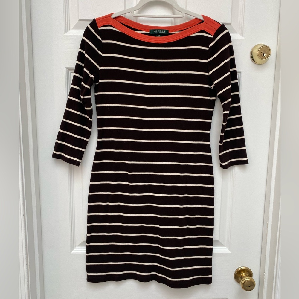 Ralph Lauren Brown & White Striped 3/4 Sleeve Dress w Orange Trim - S